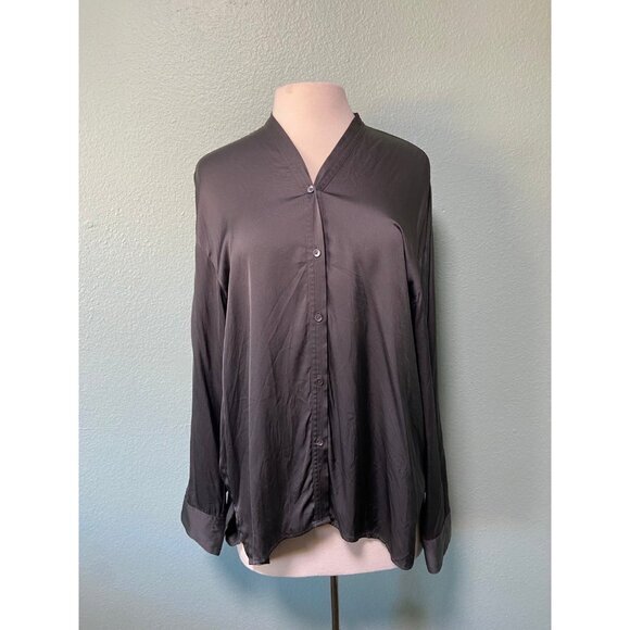 Vince V-Neck Silk Blouse in‎ Mineral Grey Button Up Top Size Medium - Picture 1 of 10
